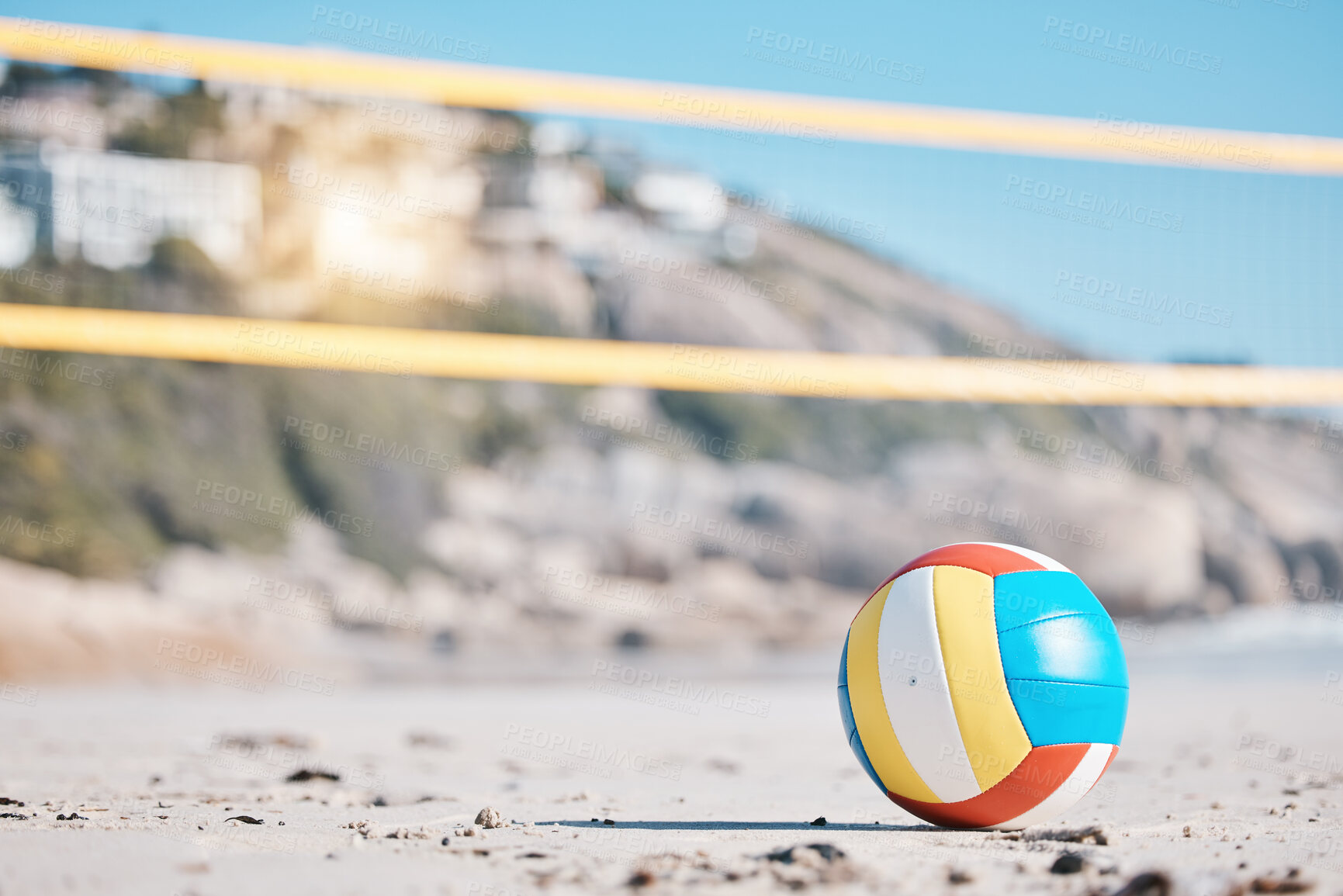 Buy stock photo Volleyball, beach sand and net with sports and fitness, outdoor and playing game with nature and summer. Exercise, match with ball closeup and active, workout and tournament with competition