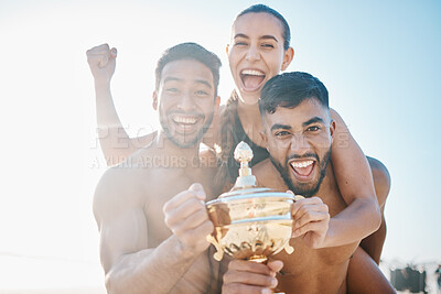 Buy stock photo Winning, portrait and volleyball team on the beach with a trophy for goals, success or achievement. Happy, celebrate and group of athletes in unity together by ocean or sea on a summer weekend trip.