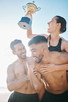 Buy stock photo Celebration, winning and volleyball team on the beach with a trophy for goals, success or achievement. Happy, celebrate and group of athletes in unity together by ocean or sea on summer weekend trip.