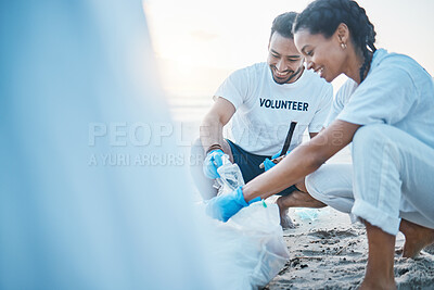 Buy stock photo Volunteer, mockup and people cleaning beach for world earth day, care and kindness for natural environment. Help, recycle and happy man and woman picking up plastic waste and pollution on ocean sand.