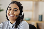 Portrait, customer support or happy woman in call center with mic on headset for friendly services. Girl virtual assistant, smile or face of telemarketing sales agent talking online in telecom office