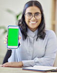 Happy woman, hands and phone green screen for advertising, marketing or branding on mockup at office. Portrait of female person holding mobile smartphone display, chromakey or app logo at workplace