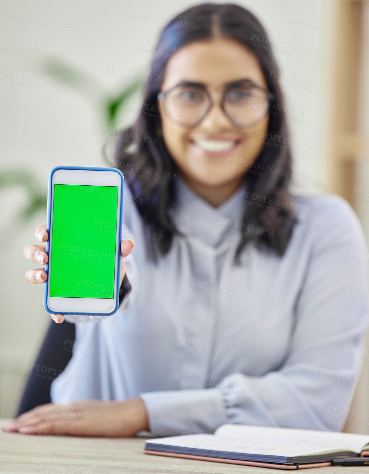 Buy stock photo Happy woman, hands and phone green screen for advertising, marketing or branding on mockup at office. Portrait of female person holding mobile smartphone display, chromakey or app logo at workplace