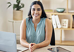 Technology, portrait of a happy businesswoman and laptop at her desk in a modern workplace office. Internet or digital connectivity, administration or research and cheerful female person with tablet