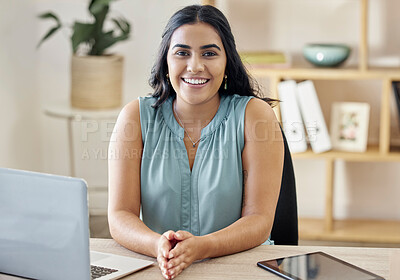 Buy stock photo Technology, portrait of a happy businesswoman and laptop at her desk in a modern workplace office. Internet or digital connectivity, administration or research and cheerful female seo manager 