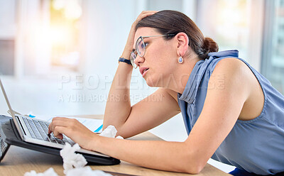 Buy stock photo Workplace, stressed and female professional with laptop is tired at office with frustrated. Burnout, job and employee with tech or woman is sick or fatigue or depressed with deadline for online work.