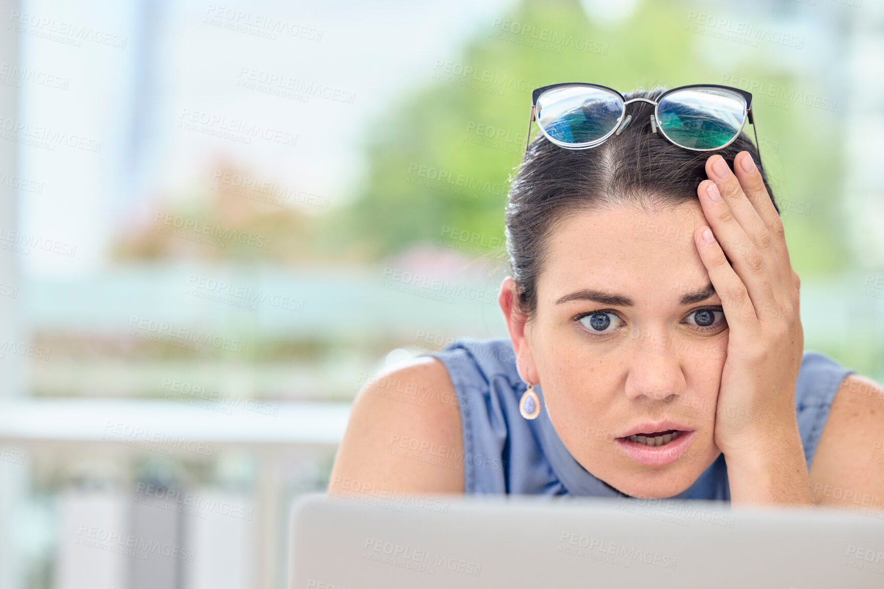 Buy stock photo Shocked, stress and business woman on computer for news, mistake or online crisis, scam and phishing or debt. Risk, bankruptcy and surprise of professional person on laptop for problem or email fail