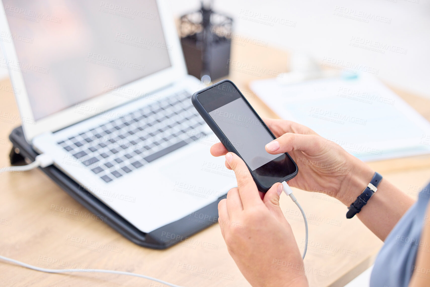 Buy stock photo Closeup, hands and woman with a smartphone, typing and employee with connection, network and social media. Female person, mobile app and entrepreneur with a cellphone, online reading and website info