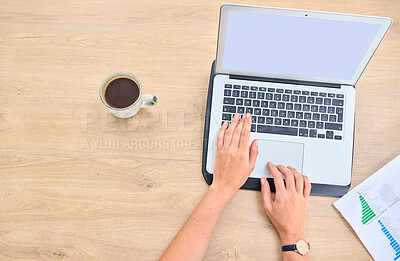 Buy stock photo Laptop screen, hands and business person typing for marketing research, charts and graphs analysis on website. Coffee, planning and stats productivity of people working on computer mockup from above