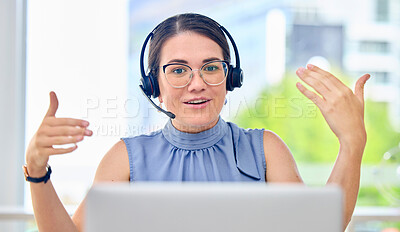 Buy stock photo Call center, speaking and woman, consultant or agent services, advice or customer support and consulting. Communication, professional face and person in virtual consultation, helping and web contact