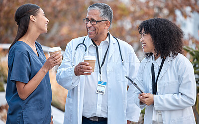 Buy stock photo Coffee break, talking and doctors for healthcare planning, happy conversation and outdoor advice from mentor. Internship, funny and social life of medical women, nurses and clinic staff with drink