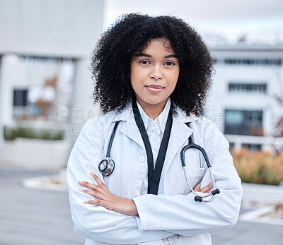 Buy stock photo Portrait, woman and doctor with arms crossed, healthcare and success with career, outdoor and life insurance. Face, female person and medical professional with wellness, motivation and proud expert