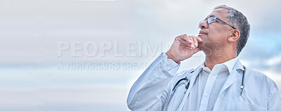 Buy stock photo Senior doctor, man and thinking with vision, mockup space and ideas for problem solving in medical career. Mature medic, brainstorming and focus in glasses for healthcare, mindset and goal at clinic 