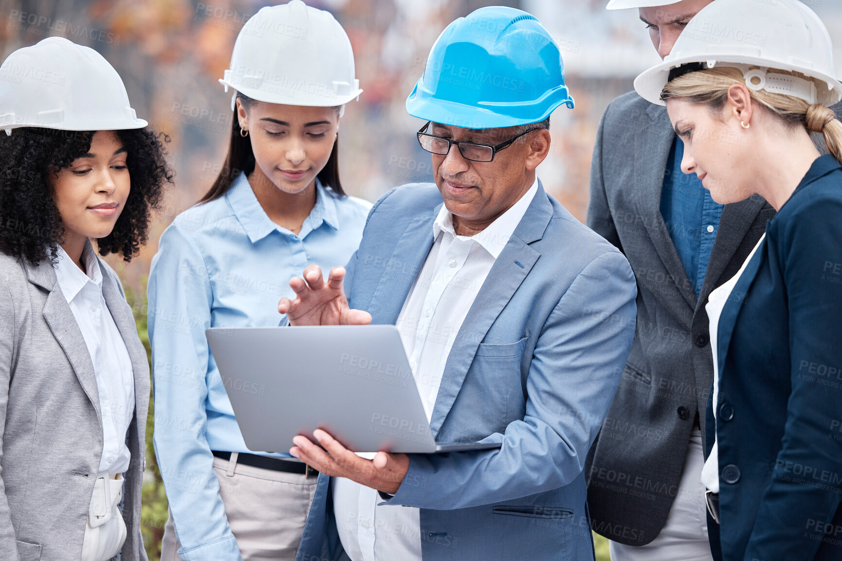 Buy stock photo Teamwork, engineer and leader of people with laptop outdoor in city. Computer, planning and group collaboration of architects talking, communicaton and strategy of manager for construction project.