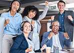 Call center, team or happy people with success of winning telemarketing sales target or achievement. Teamwork, customer service and group of agents cheering in celebration of victory, goals or deal