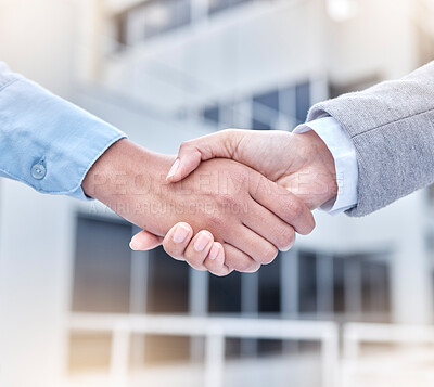 Buy stock photo Success, handshake and agreement on deal with partner, businessman or b2b meeting, collaboration and teamwork. Shaking hands, crm and opportunity for partnership, project or support in management 