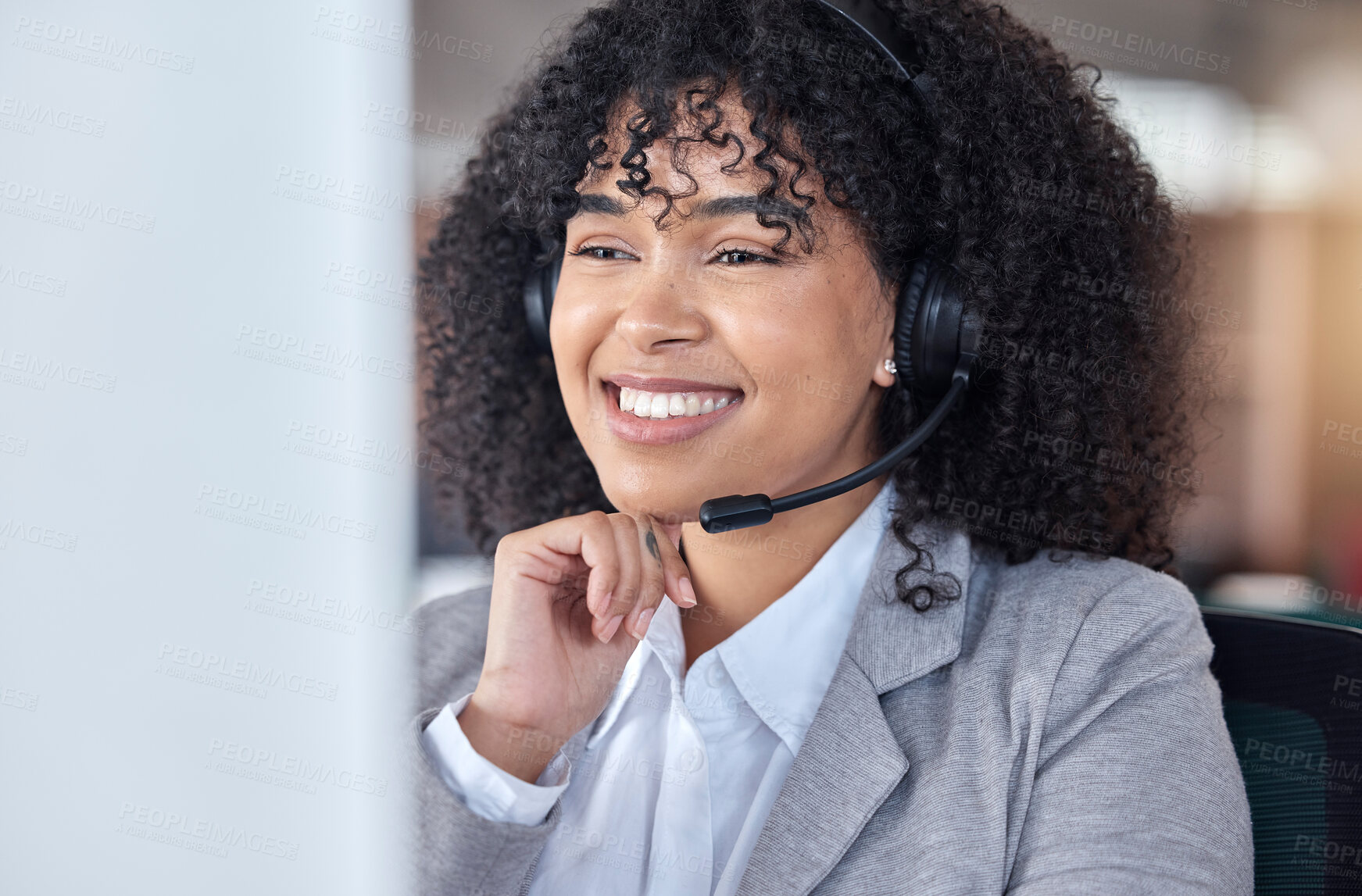 Buy stock photo Call center, smile and woman on computer in office for communication, support and contact us for customer service. Reading, telemarketing and sales agent, consultant or African employee with email.