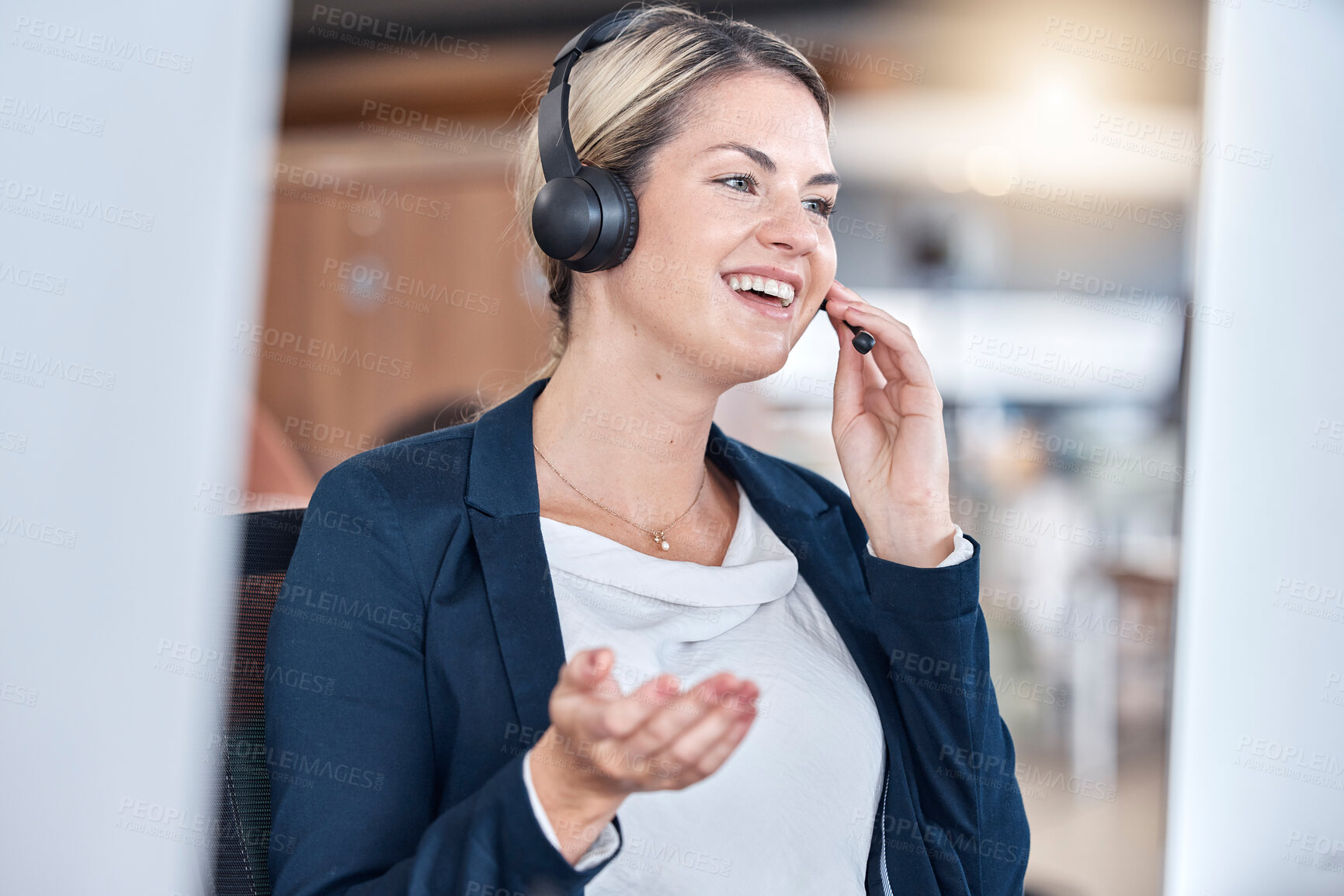 Buy stock photo Call center, smile and woman in office for communication, support and contact us for customer service. Listening, telemarketing and sales agent, consultant and happy employee talking in conversation