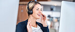 Call center, computer and woman wave on video for communication, support and contact us for customer service. Hello, telemarketing and sales agent, consultant and happy employee in online webinar.