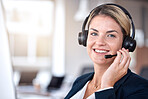 Call center, face and happy woman in office listening for communication, support and contact us for customer service. Portrait, telemarketing and sales agent, consultant or employee smile from Canada
