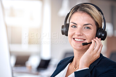 Buy stock photo Call center, face and happy woman in office listening for communication, support and contact us for customer service. Portrait, telemarketing and sales agent, consultant or employee smile from Canada