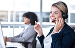 Call center, talking and happy woman in office for communication, support and contact us for customer service. Smile, telemarketing and sales agent, consultant or employee listening to conversation.