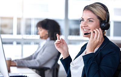 Buy stock photo Call center, talking and happy woman in office for communication, support and contact us for customer service. Smile, telemarketing and sales agent, consultant or employee listening to conversation.