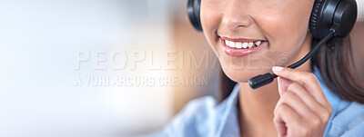 Buy stock photo Call center, mouth and happy woman in office listening for communication, support and contact us for customer service. Mic, telemarketing and sales agent, consultant or employee with mockup space.