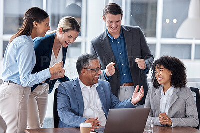 Buy stock photo Teamwork, success and laptop with business people in meeting for strategy, planning or collaboration. Project management, winner or idea with employees and ceo in office for brainstorming development