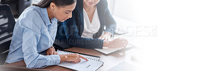 Buy stock photo Mockup, finance or business women planning budget or report for company revenue with teamwork. Documents, space or accountant woman consulting an accounting manager in meeting for project or growth