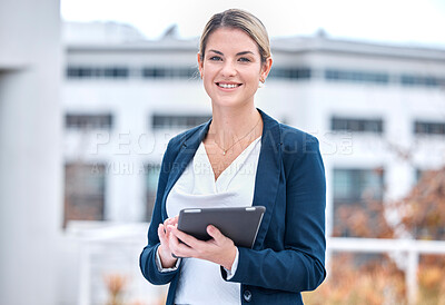 Buy stock photo Business, outdoor and woman with a tablet, portrait and inspector with online checklist, website information and smile. Face, female person or employee with technology, outside or internet connection