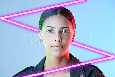 Buy stock photo Neon, digital art and portrait of woman in studio for cyberpunk, metaverse and online gaming. Aesthetic, futuristic design and face of female person on blue background with line for scifi vaporwave