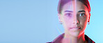 Face overlay, futuristic and woman on studio blue background for cyberpunk, digital world and biometric. Facial identity, neon lights and young gen z person in portrait for future technology banner