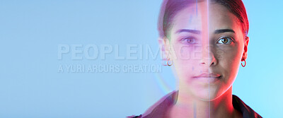 Buy stock photo Face overlay, futuristic and woman on studio blue background for cyberpunk, digital world and biometric. Facial identity, neon lights and young gen z person in portrait for future technology banner