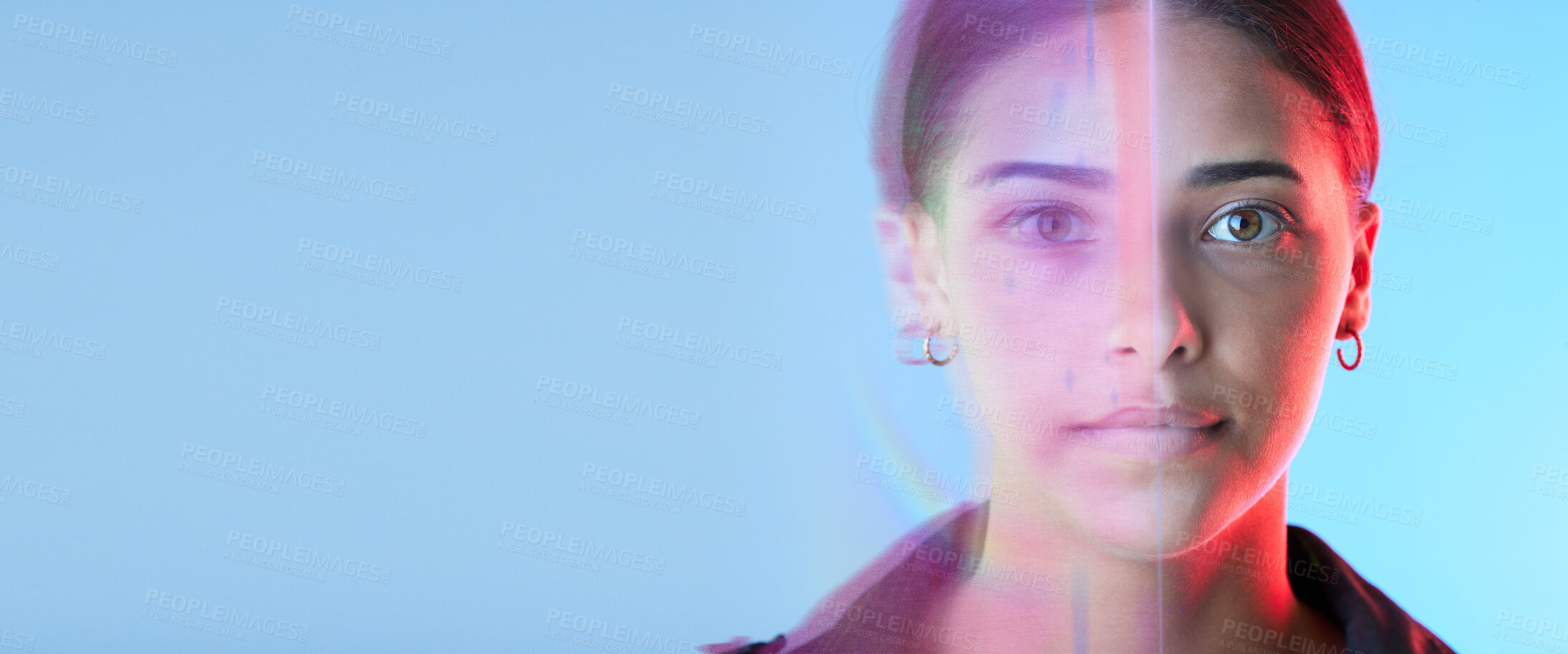 Buy stock photo Face overlay, futuristic and woman on studio blue background for cyberpunk, digital world and biometric. Facial identity, neon lights and young gen z person in portrait for future technology banner
