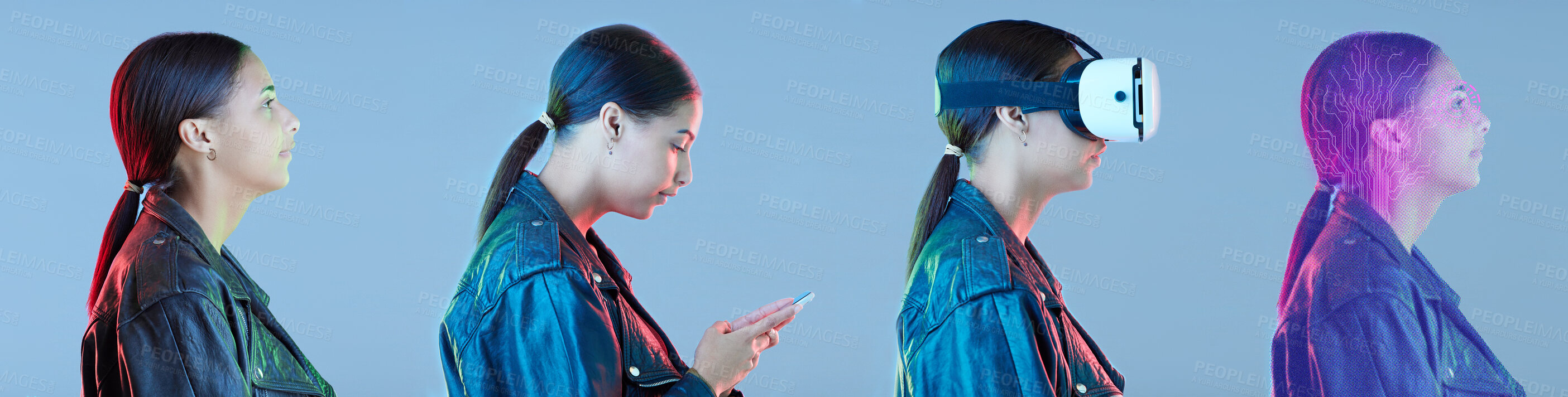 Buy stock photo Young woman, phone and vr glasses in studio profile with typing, social media and tech evolution in metaverse. Girl, futuristic and progress with digital transformation with vision for ar development
