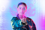 Hologram, neon chart and portrait of woman in studio for cyberpunk, metaverse and user experience. Virtual reality, futuristic and female person with software overlay, network and digital art in hand
