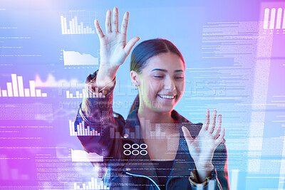 Buy stock photo Hologram, screen and woman hands with data analytics, social media metrics and algorithm in cyberpunk stats. Security, network and futuristic young person with holographic in neon studio background