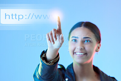 Buy stock photo Hologram, futuristic and woman typing, link and connection against a blue studio background. Female person, employee or holographic with data analytics, cloud computing or programming with url or web
