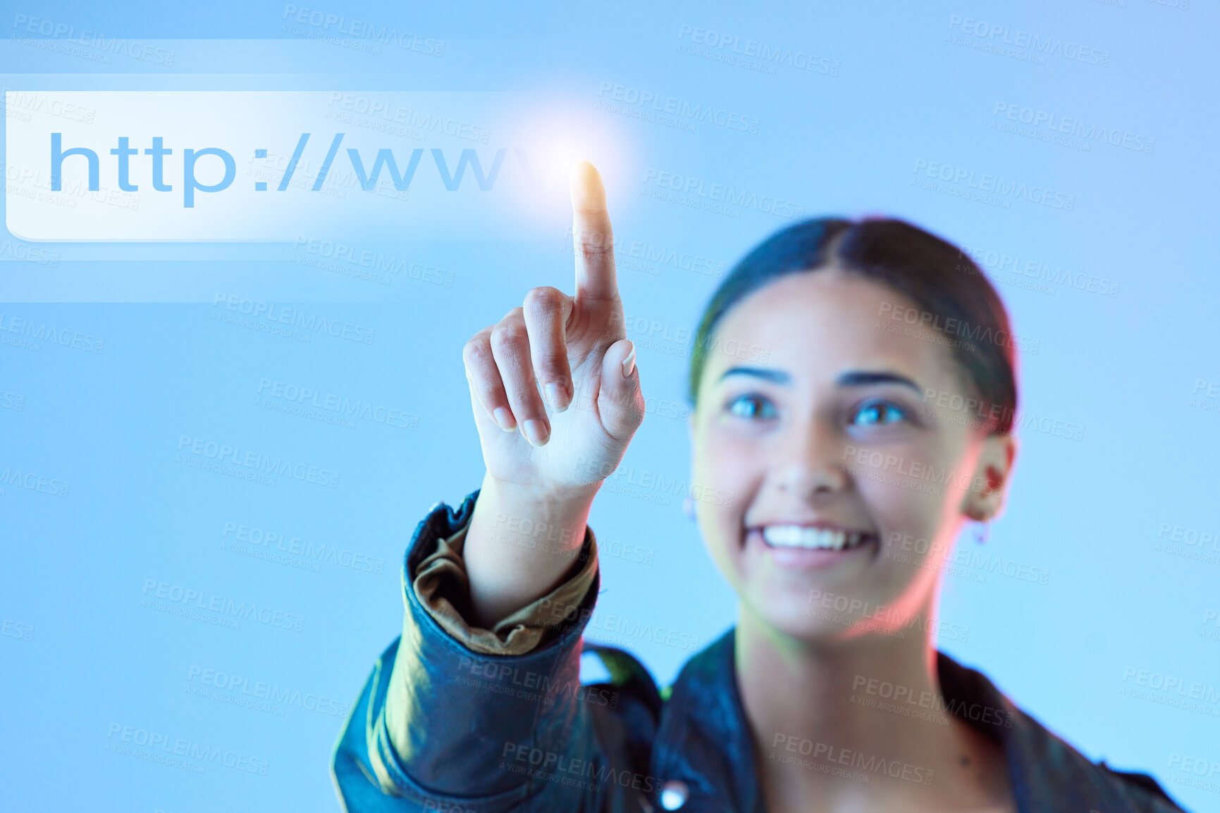 Buy stock photo Hologram, futuristic and woman typing, link and connection against a blue studio background. Female person, employee or holographic with data analytics, cloud computing or programming with url or web