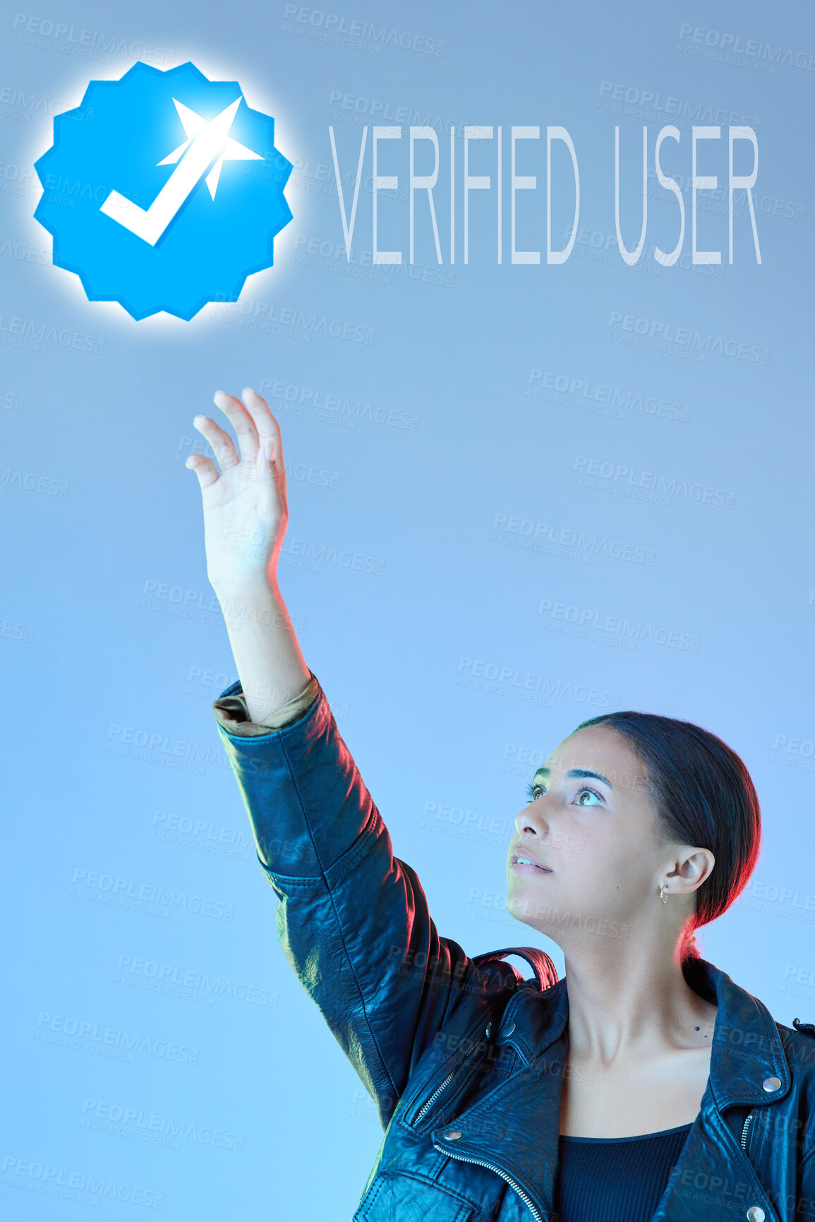 Buy stock photo Woman, invisible screen and verification on social media of identity for security, safety or process to register an online account. Ui, hand of user and click on verified login or virtual dashboard