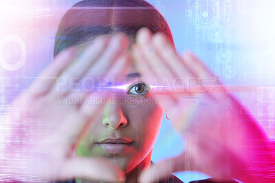 Buy stock photo Woman, future holographic overlay and studio portrait, pyramid hand sign and coding for technology. Girl, futuristic hologram and digital transformation for cyber vision, programming and development