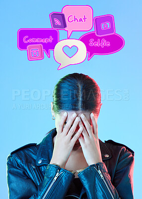 Buy stock photo Woman, speech bubble and anxiety in studio, thinking and overwhelmed with technology by blue background. Gen z student girl, 3d icon and social media notification with stress, worry and mental health
