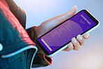 Phone, stock market and information with the hand of a person in studio on a neon background for education. Mobile, data and trading with an adult trader reading a tutorial or instructions closeup