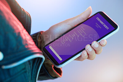 Buy stock photo Phone, stock market and information with the hand of a person in studio on a neon background for education. Mobile, data and trading with an adult trader reading a tutorial or instructions closeup