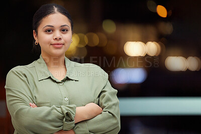 Buy stock photo Confident, smile and portrait of woman personal assistant calm and proud with bokeh, mockup and ready to work. Worker, looking and young female person or employee with positive mindset and motivation
