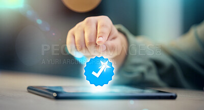 Buy stock photo Closeup, hand and hologram with a tablet, icon and social media with 3d, network and connection. Technology, holographic and big data with website information, innovation and programming with a like
