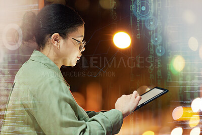 Buy stock photo Digital tablet, city and woman with hologram to do research for a corporate project by a rooftop. Technology, online and professional female employee working on company report in urban town at night.