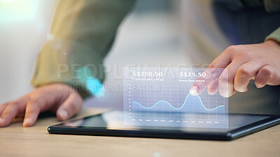 Buy stock photo Woman, hands and tablet with 3d hologram of graph or chart for data statistics or analytics on office desk. Hand of female person or trader on technology in finance, profit or cryptocurrency on table