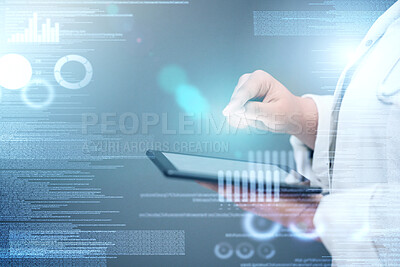 Buy stock photo Doctor, hands and tablet with data overlay for healthcare innovation, statistics or analytics in science research. Hand of woman or medical professional working on technology with digital information
